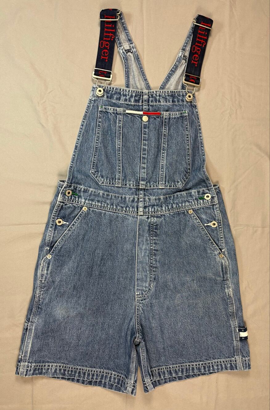 Vintage 90s Tommy Hilfiger Denim Overall Shorts Shortalls Womens Size XS